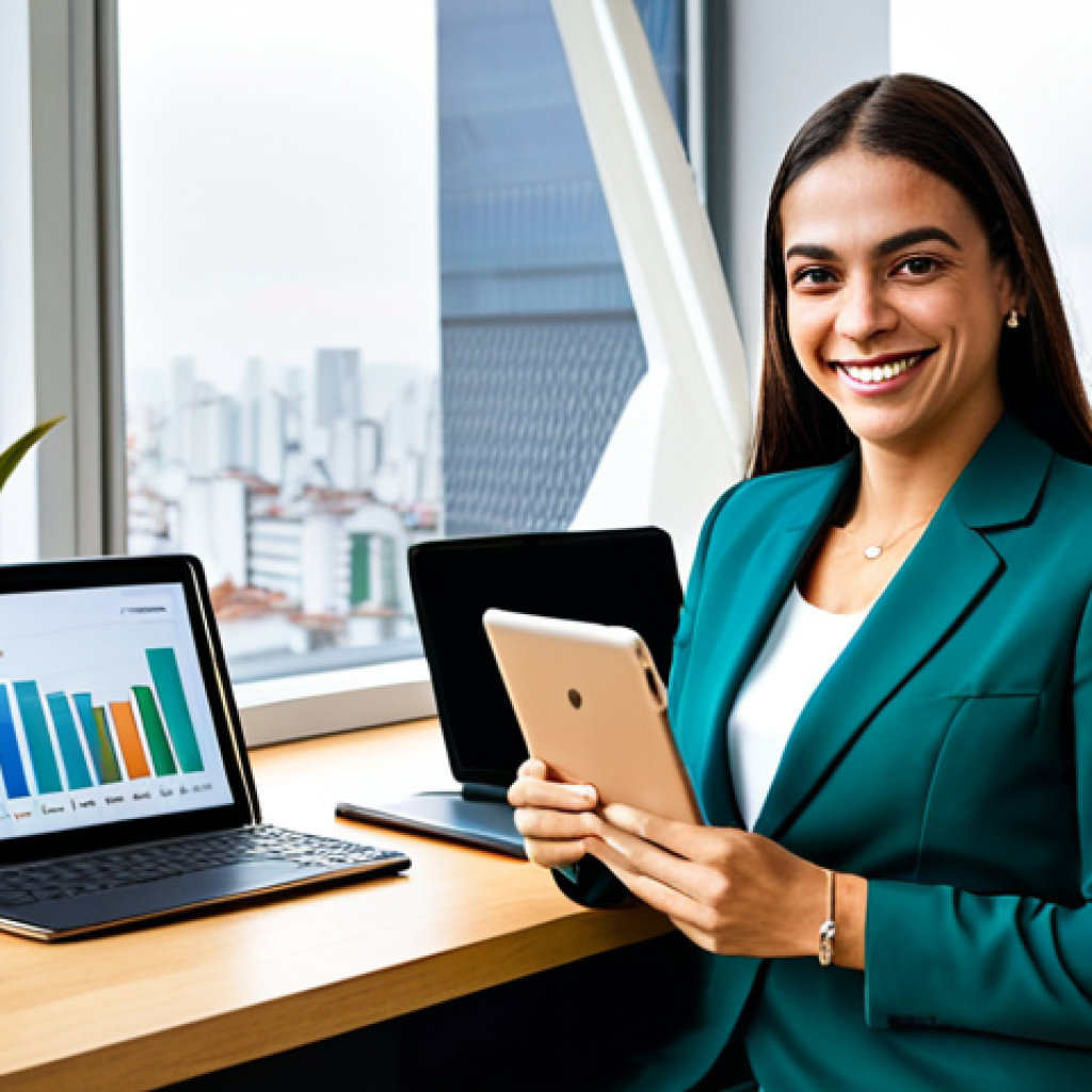 **

"A professional businesswoman in a modest business suit, made from sustainable Brazilian fabrics, sitting at a desk in a modern office overlooking the Paulista Avenue in São Paulo, fully clothed, appropriate attire, safe for work, perfect anatomy, natural proportions, professional photography, high quality. She is smiling confidently, holding a tablet displaying data charts relevant to the Brazilian economy. The office features local Brazilian art and plants. This image embodies the spirit of innovation and entrepreneurship in Brazil."

**