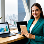 **

"A professional businesswoman in a modest business suit, made from sustainable Brazilian fabrics, sitting at a desk in a modern office overlooking the Paulista Avenue in São Paulo, fully clothed, appropriate attire, safe for work, perfect anatomy, natural proportions, professional photography, high quality. She is smiling confidently, holding a tablet displaying data charts relevant to the Brazilian economy. The office features local Brazilian art and plants. This image embodies the spirit of innovation and entrepreneurship in Brazil."

**
