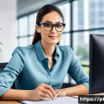 지적재산권 전문가의 커리어 전환 성공기 - A professional woman in her 30s wearing business casual attire and glasses, sitting confidently at a...
