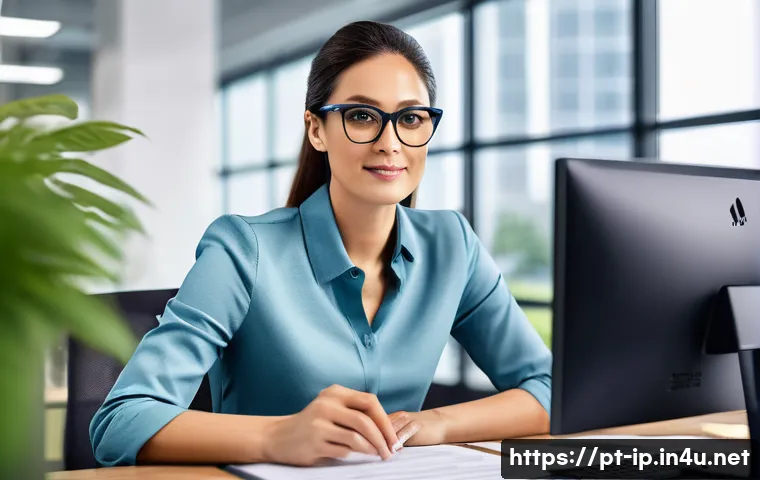 지적재산권 전문가의 커리어 전환 성공기 - A professional woman in her 30s wearing business casual attire and glasses, sitting confidently at a...