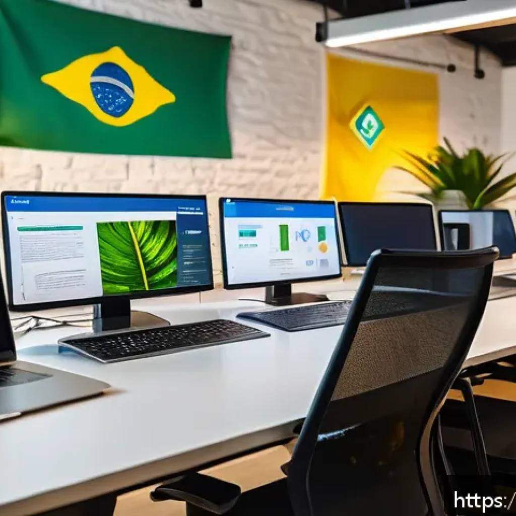 지적재산권 관련 정부 지원 제도 - A modern Brazilian startup office environment with diverse entrepreneurs collaborating around a larg...