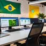 Home 16 지적재산권 관련 정부 지원 제도 - A modern Brazilian startup office environment with diverse entrepreneurs collaborating around a larg...