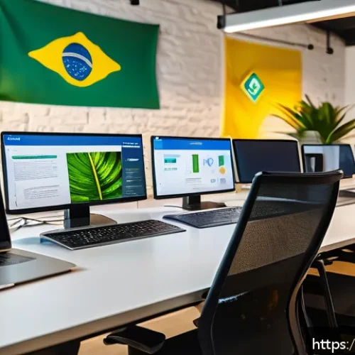 Home 28 지적재산권 관련 정부 지원 제도 - A modern Brazilian startup office environment with diverse entrepreneurs collaborating around a larg...