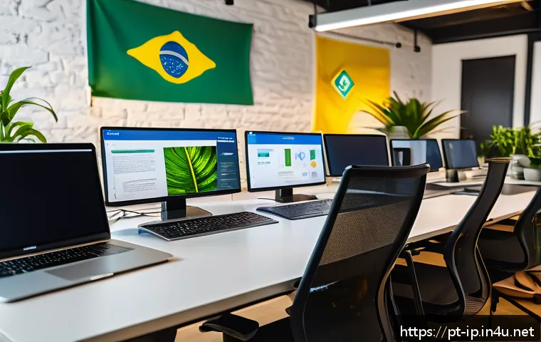 지적재산권 관련 정부 지원 제도 - A modern Brazilian startup office environment with diverse entrepreneurs collaborating around a larg...