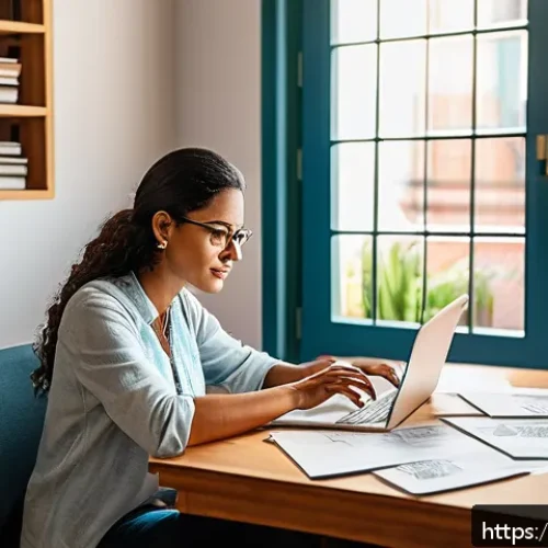 Home 15 지적재산권 보호 전략의 중요성 - A modern Brazilian entrepreneur in a bright, organized home office, attentively reviewing patent doc...