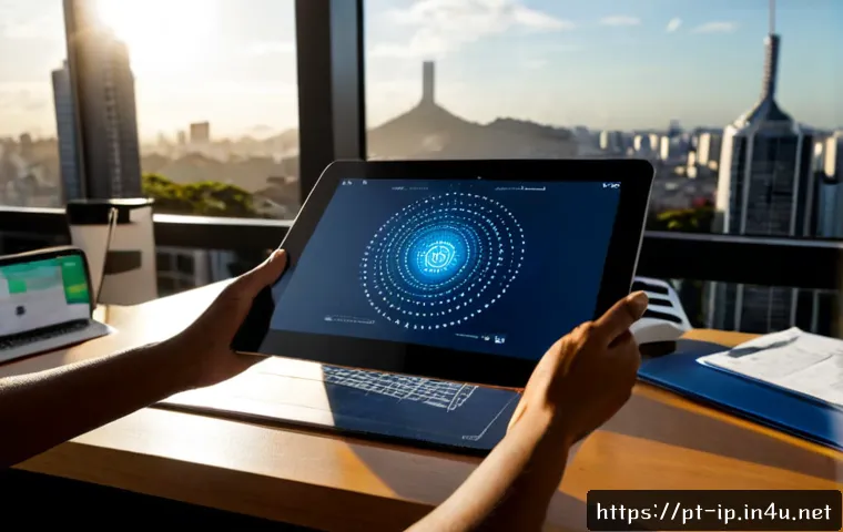 Home 17 지적재산권과 블록체인 기술의 연계 - Photorealistic Brazilian independent designer working at a clean home-office desk in São Paulo, hold...